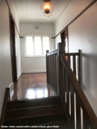 Timber stairs with polyurethane gloss finish