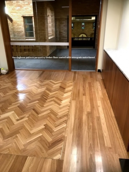 Herringbone pattern parquetry timber floor coated with Intergrain waterbased
