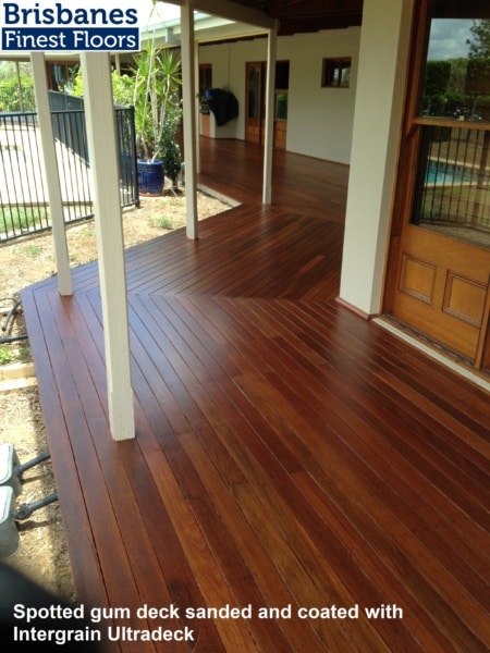 Spotted gum deck, sanded and coated with Intergrain Ultradeck